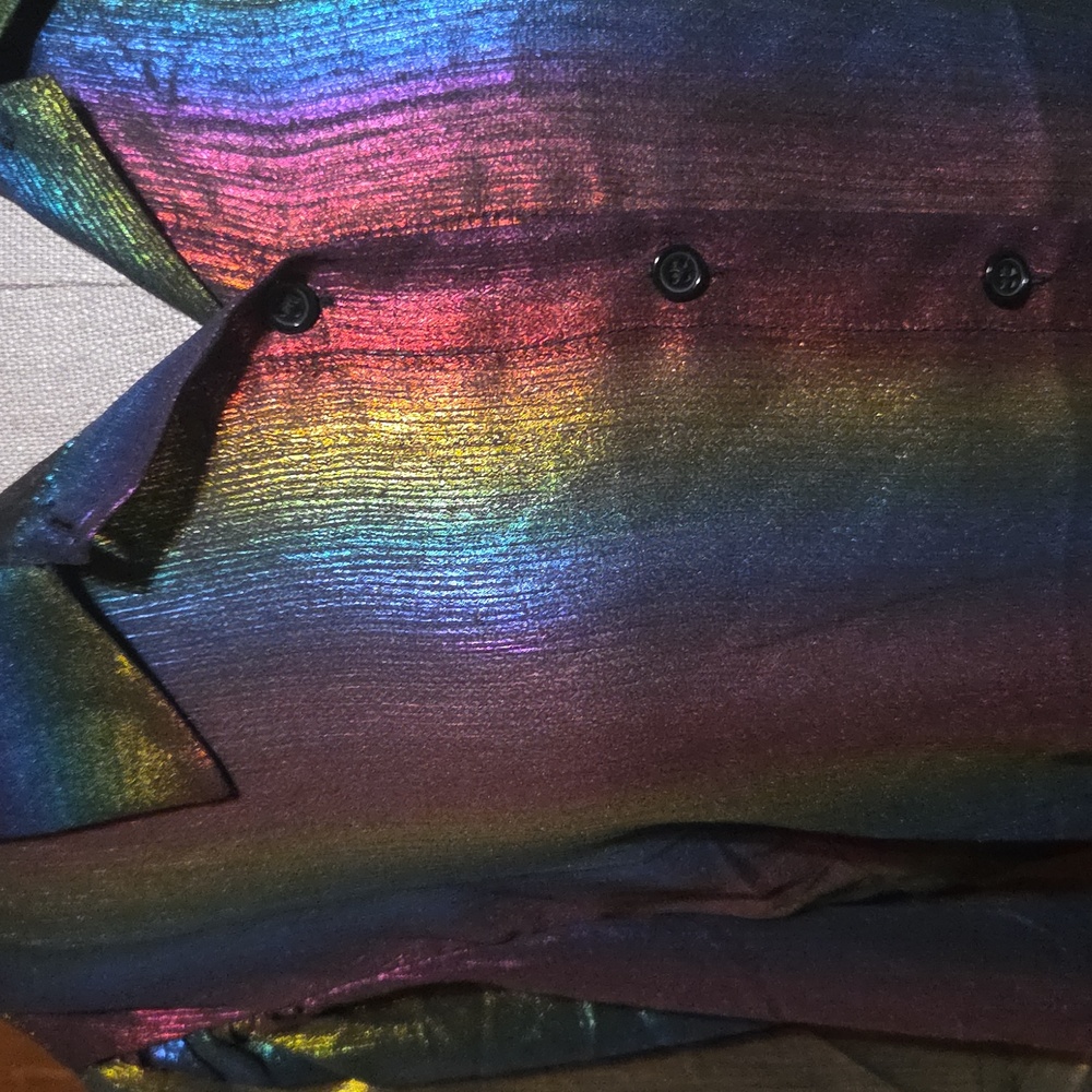 Peach Shiny Rainbow Color Button Up Shirt With Collar And Elastic Puff Sleeves - Picture 6 of 6
